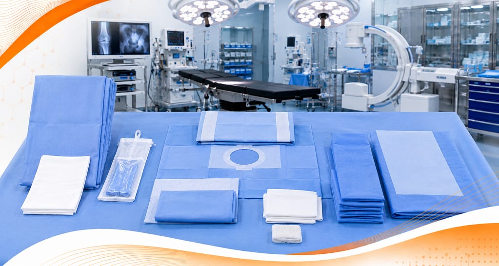 Sterile orthopedic surgical pack with drapes and consumables arranged for operating room procedures and surgical field setup