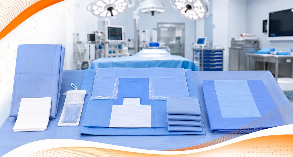 Sterile laparotomy surgical pack for abdominal surgery including drapes, gowns, and operating room consumables for hospital procedures