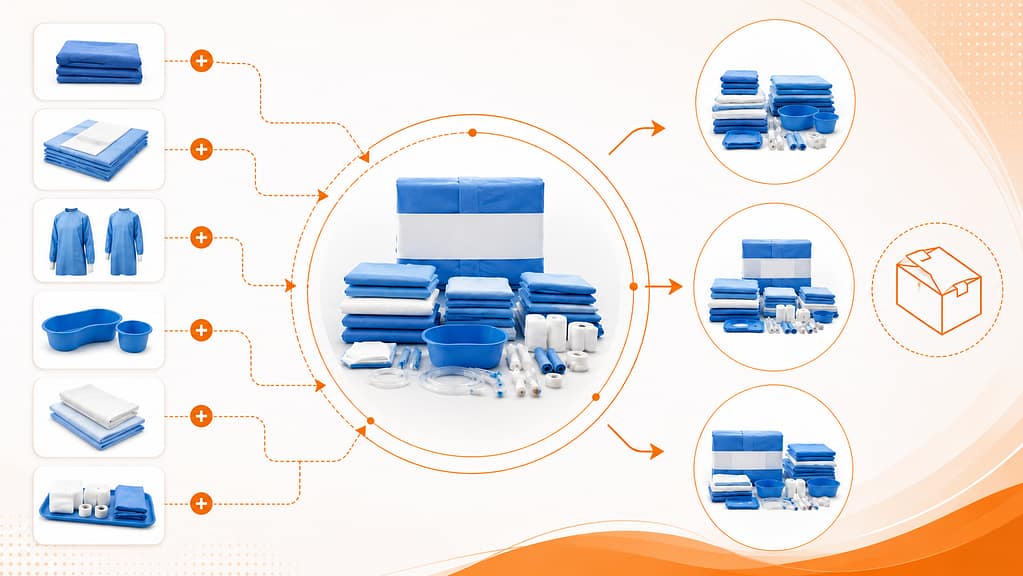 Custom surgical kit design and assembly process showing configurable sterile procedure packs for hospitals and operating rooms