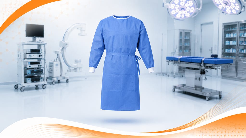 Level 2 sterile surgical gown for low to moderate fluid exposure providing barrier protection and comfort in operating room environments