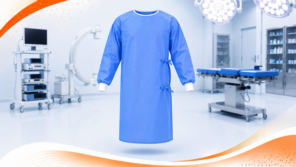Level 3 reinforced surgical gown for high fluid exposure procedures offering enhanced barrier protection and sterile operating room safety